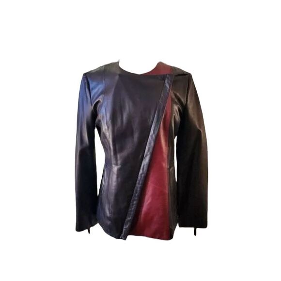 100% Lamb Skin Black/Dark Red Moto Jacket Size 2X - Picture 1 of 10